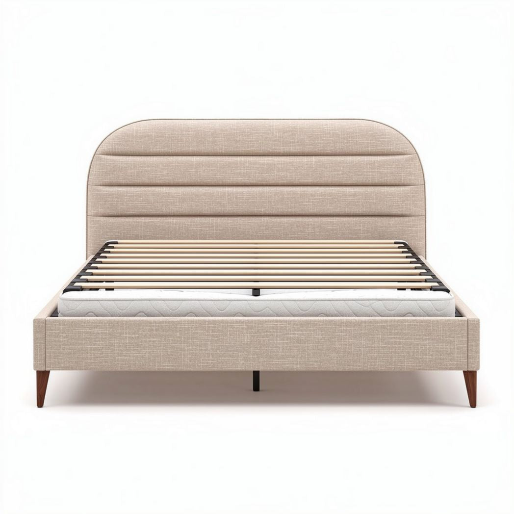 Gestellbett mit gepolstertem Kopfteil 200 x 160 x 100cm in beige aus Stoff mit Lattenrost